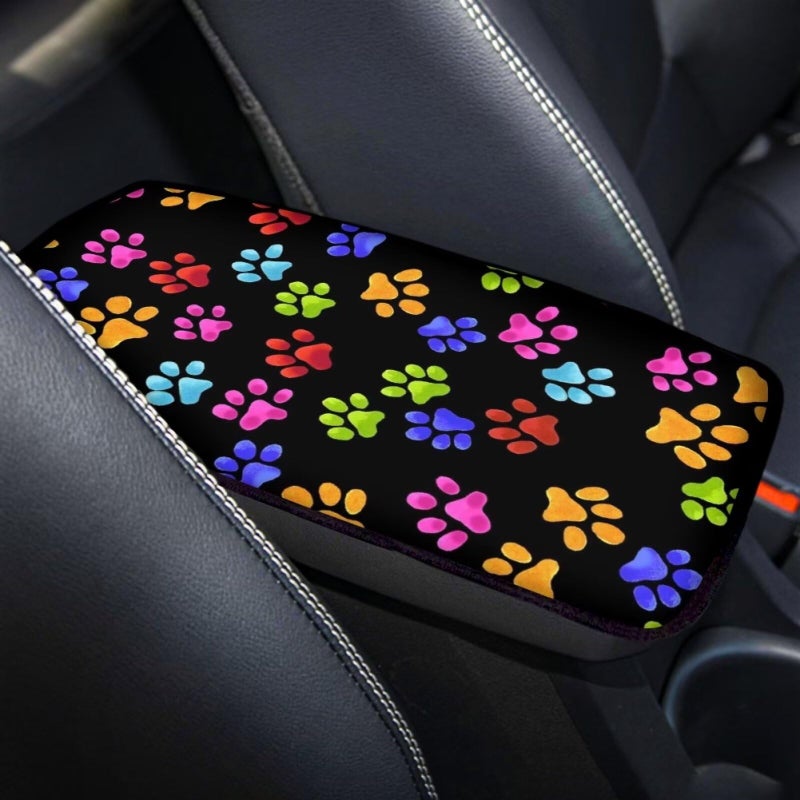 Dreaweet Colorful Dog Paw Print Auto Center Console Pad,Car Armrest Seat Box Cover Protector Universal Fit for Most Vehicle SUV Trucks - Image 3